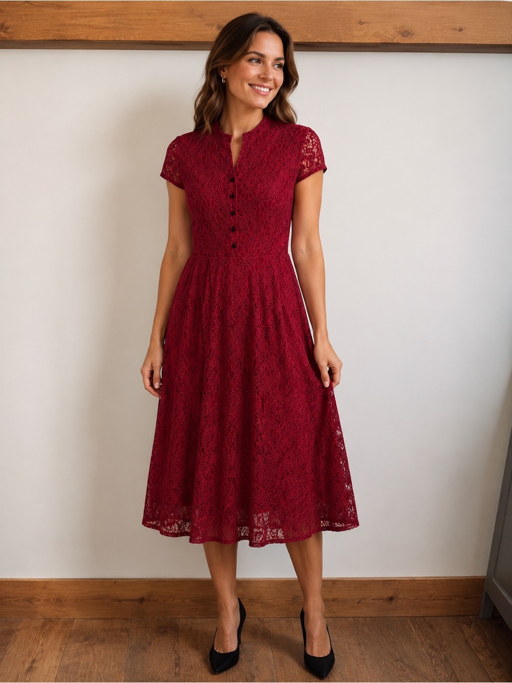 Classic Lace Midi Dress in deep red.
